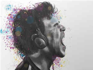 quadri su tela pittura concettuale di un uomo di profilo ascoltare musica con le cuffie e urlare