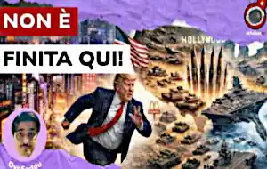 Disegno di Donald Trump che fugge da una citta cinese a sinistra e di un set hollywoodiano pieno di armi da guerra a destra 360x180.jpg