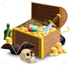 58881921 illustrazione Pirata Set con monete forziere dei pirati teschio e altri oggetti Archivio Fotografico